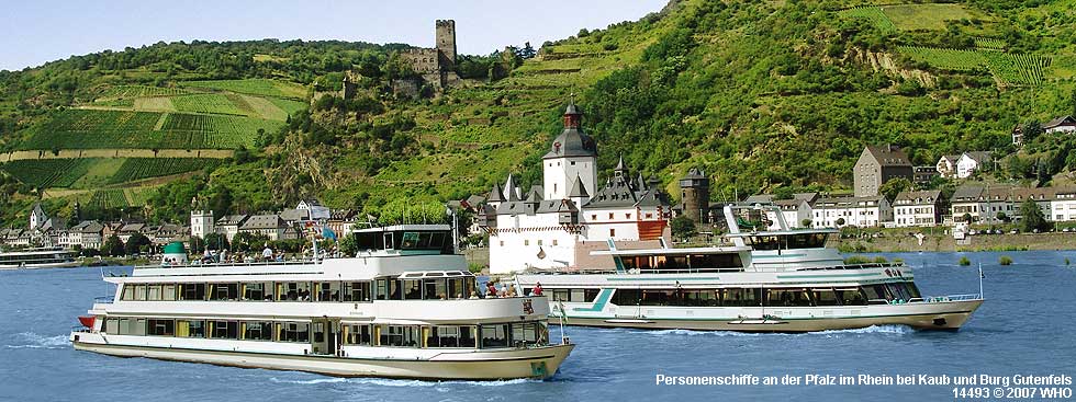 Boat cruise along castle Pfalz in the Rhine River near Kaub